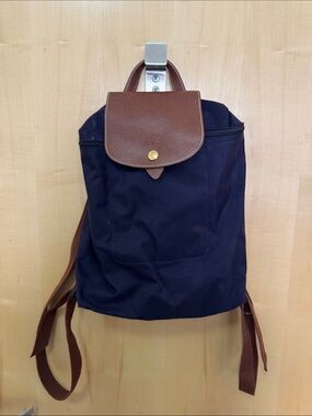 Longchamp Dark Purple / Navy Le Pliage Backpack with Brown Leather Flap